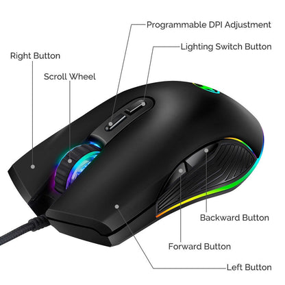 Stevvex ergonomic wired RGB gaming mouse with adjustable DPI and backlit on Tampa Home & Garden Store