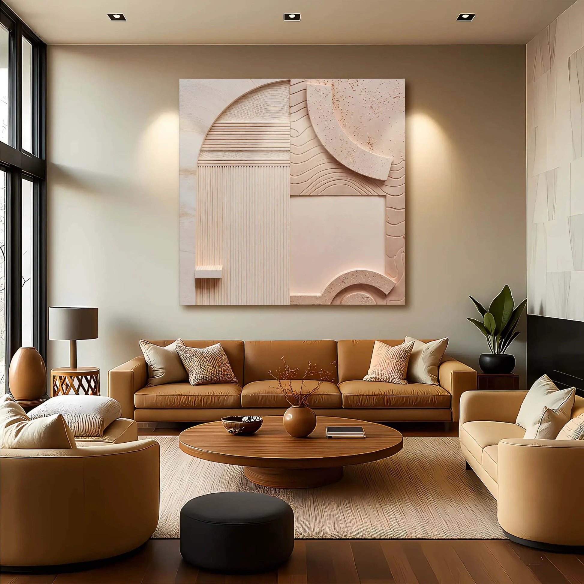 Minimalist Peach Clay Wall Art canvas by Tailored Canvases in beige with curved textures on Tampa Home & Garden Store