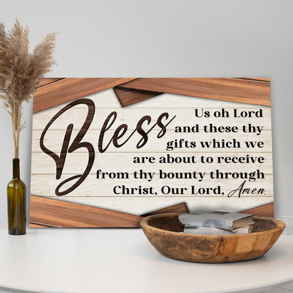 Bless Us Oh Lord faith sign canvas by Tailored Canvases with whitewashed wood backdrop and black script text Crafting Canvas on Tampa Home & Garden Store