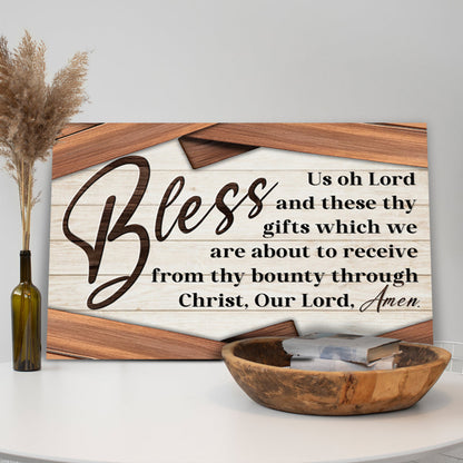 Bless Us Oh Lord faith sign canvas by Tailored Canvases with whitewashed wood backdrop and black script text Crafting Canvas on Tampa Home & Garden Store