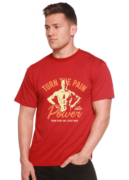Turn The Pain men's graphic tee in red with bold yellow bodybuilding illustration on Tampa Home & Garden Store