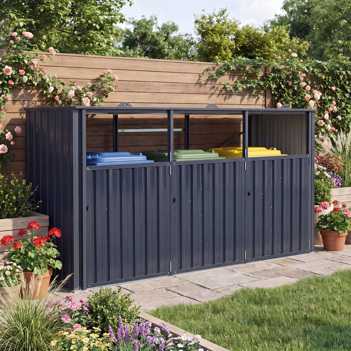 DirectDeals 3-bin metal trash can storage shed in navy blue with flip-up lids and color bins on Tampa Home & Garden Store