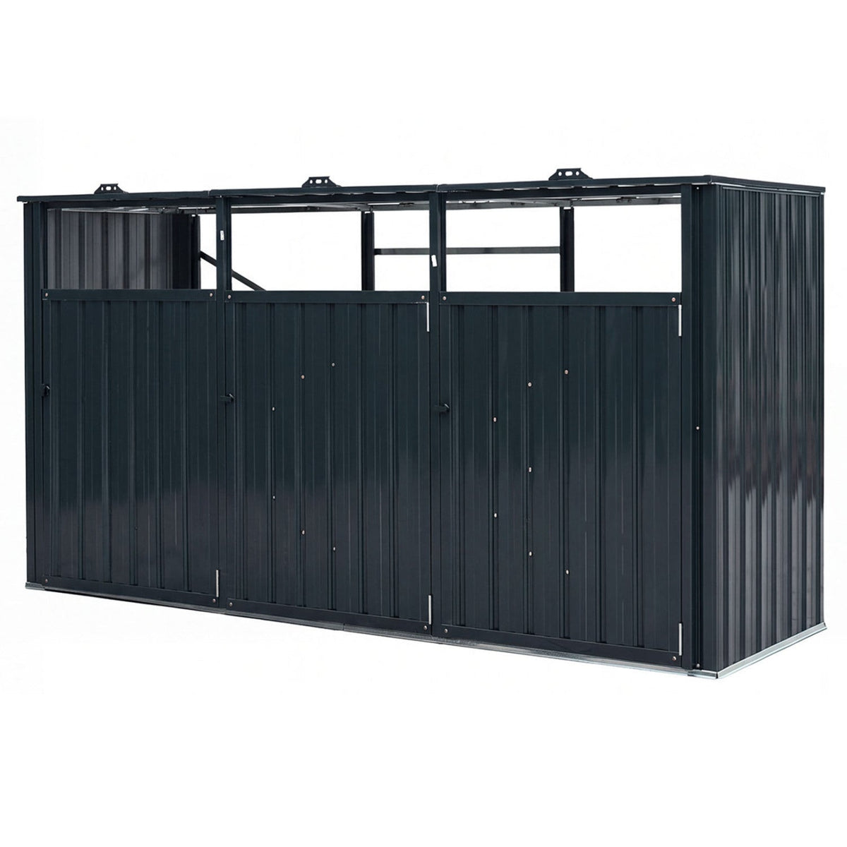 3-bin metal trash can storage shed with flip-up lids, dark steel enclosure DirectDeals on Tampa Home & Garden Store