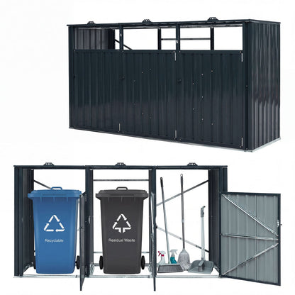 3-bin metal waste container shed with flip-up lids, dark gray steel DirectDeals on Tampa Home & Garden Store