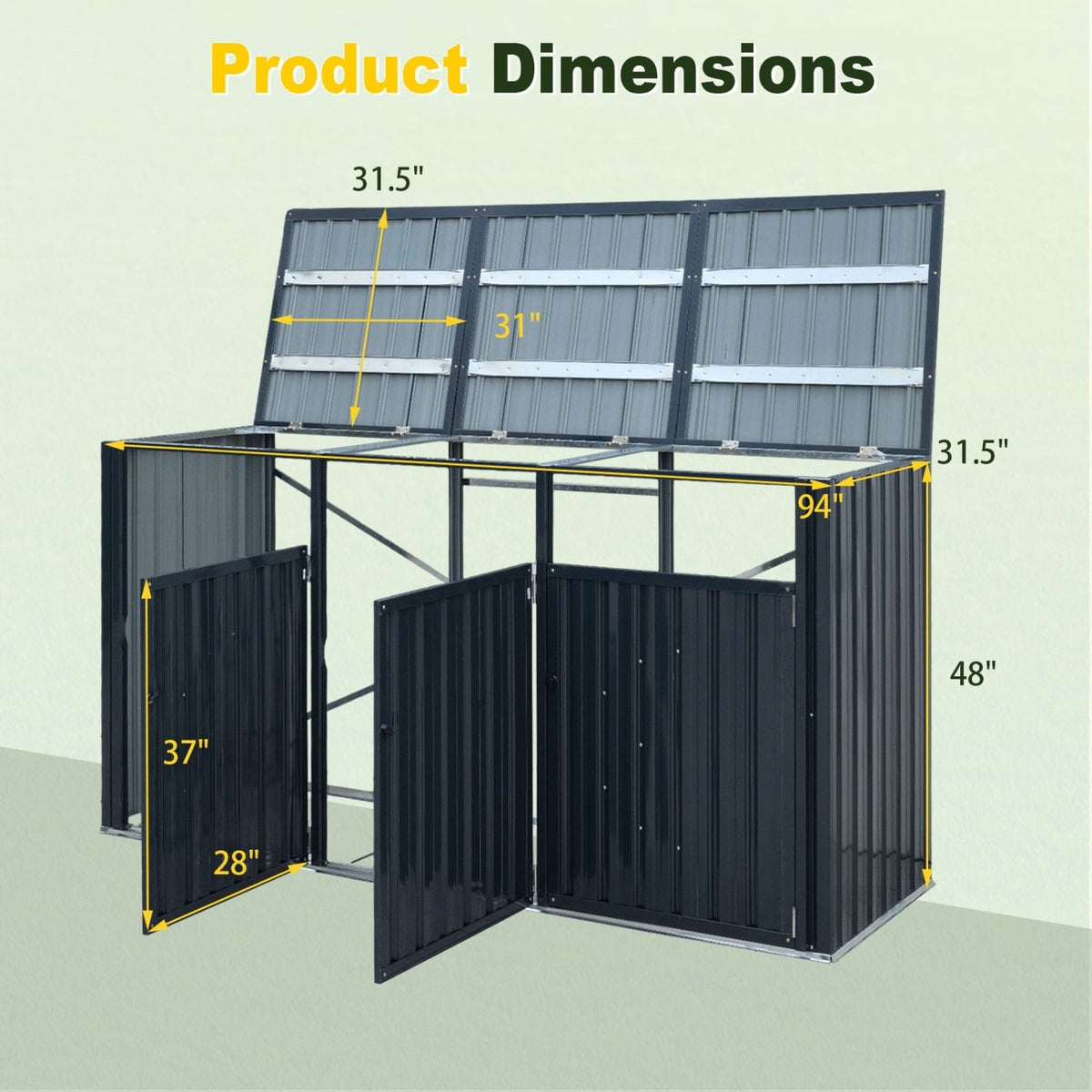 3-Bin metal waste container enclosure with flip-up lids, DirectDeals black yard storage shed on Tampa Home & Garden Store