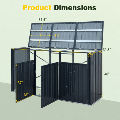 3-Bin metal waste container enclosure with flip-up lids, DirectDeals black yard storage shed on Tampa Home & Garden Store