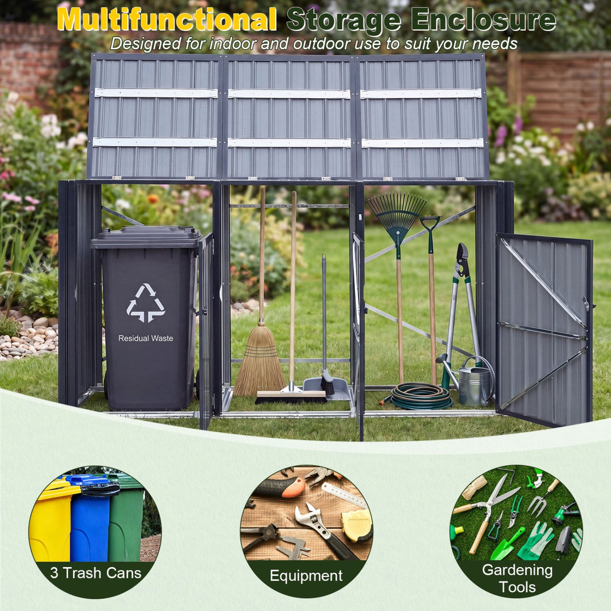 3-bin metal trash can storage shed with flip-up lids in dark gray by DirectDeals on Tampa Home & Garden Store