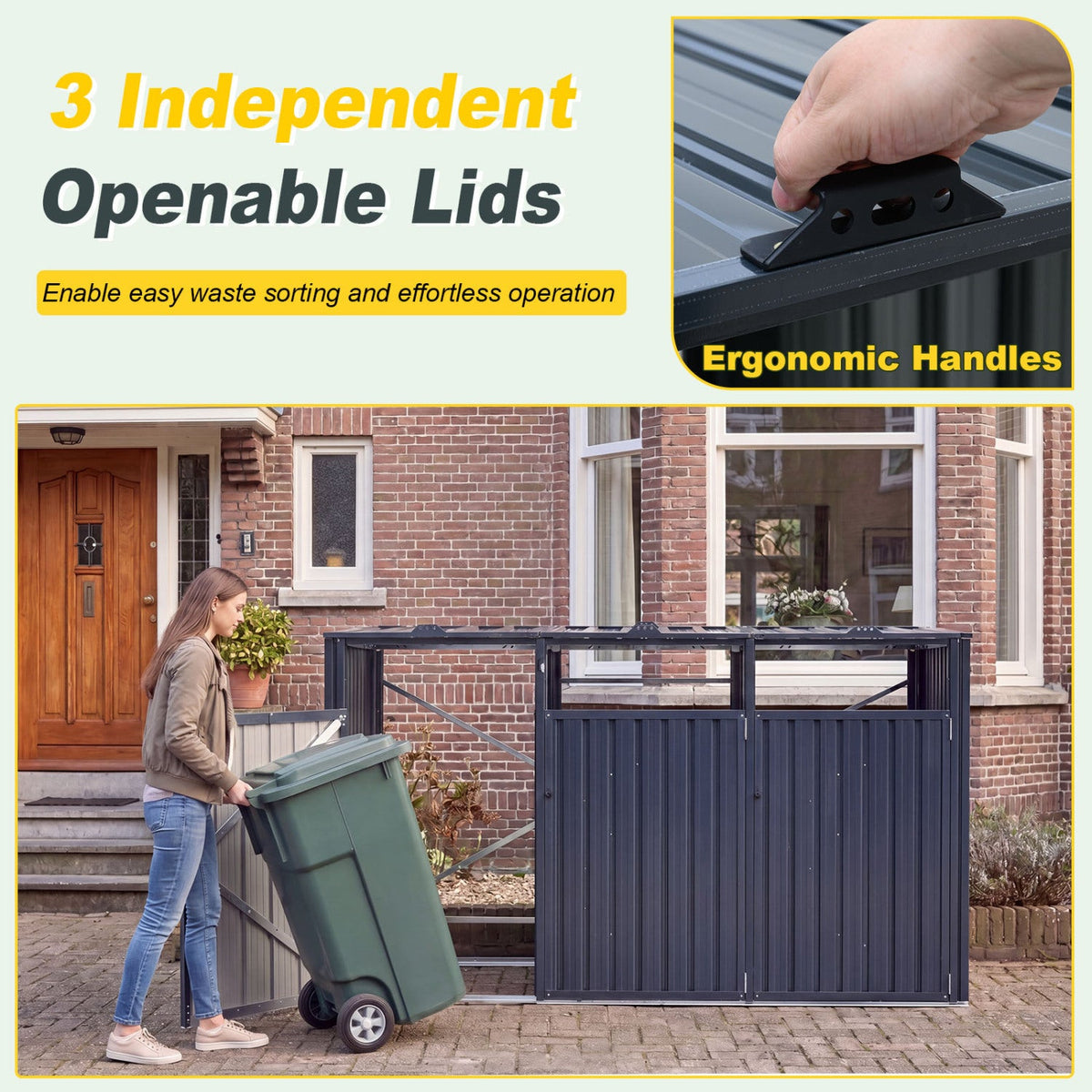 3-bin metal trash can storage shed with flip-up lids for yard DirectDeals enclosure on Tampa Home & Garden Store
