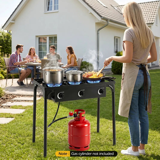 3 Burner Propane Stove outdoor grill by DirectDeals with stainless pots on a patio and red propane tank on Tampa Home & Garden Store