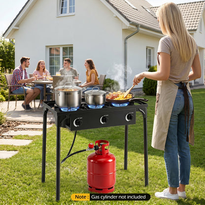 GemGear 3-Burner Propane Outdoor Grill with stainless pots and blue flames on a black frame on Tampa Home & Garden Store