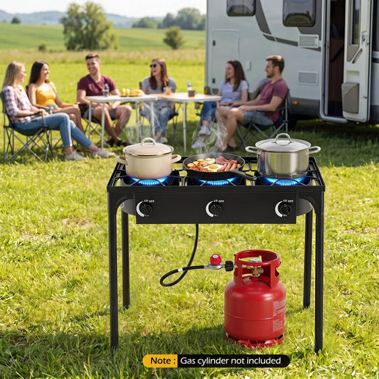 DirectDeals 3-Burner Propane Stove outdoor grill with two pots on burners and gas tank on Tampa Home & Garden Store