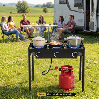 GemGear 3-Burner Propane Stove for outdoor camping with blue flames and three cookware pieces on Tampa Home & Garden Store