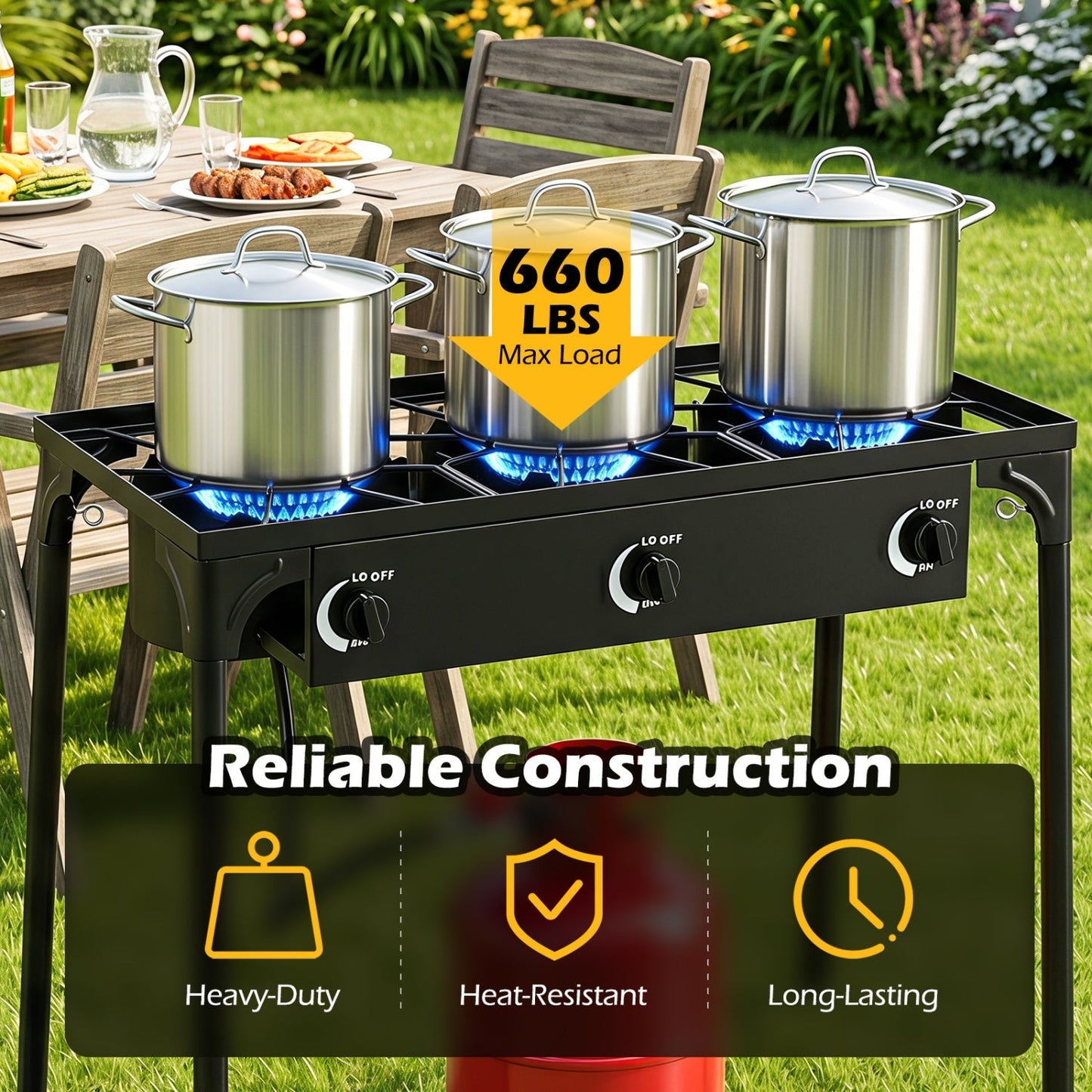 GemGear 3-Burner propane outdoor grill with three pots on blue flame burners; 660 lbs max load on Tampa Home & Garden Store