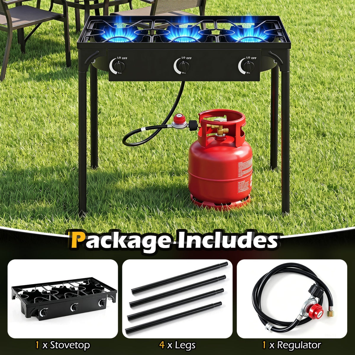 GemGear 3-Burner Propane Outdoor Grill with blue flames, hose to red LPG tank on grass on Tampa Home & Garden Store