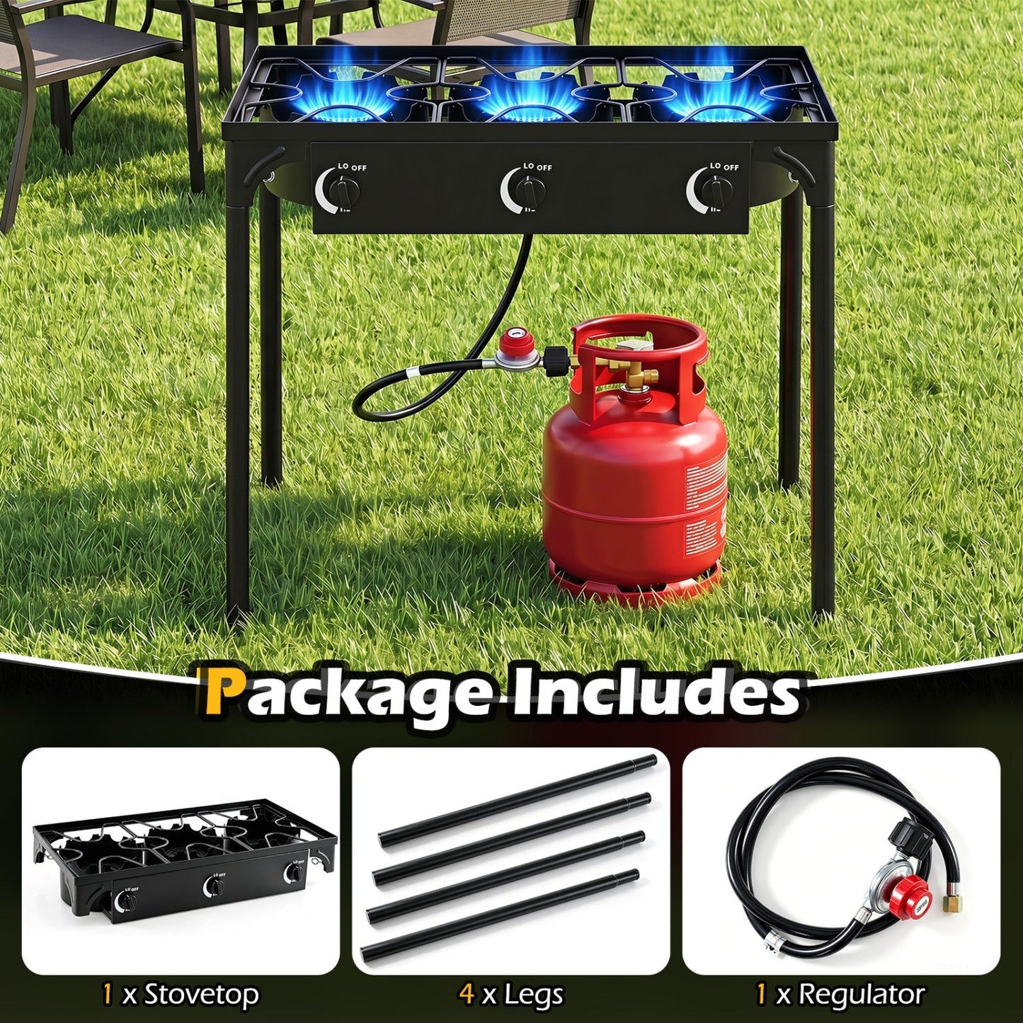 GemGear 3 Burner Propane Stove outdoor grill with 240000 BTU and red tank connected on Tampa Home & Garden Store