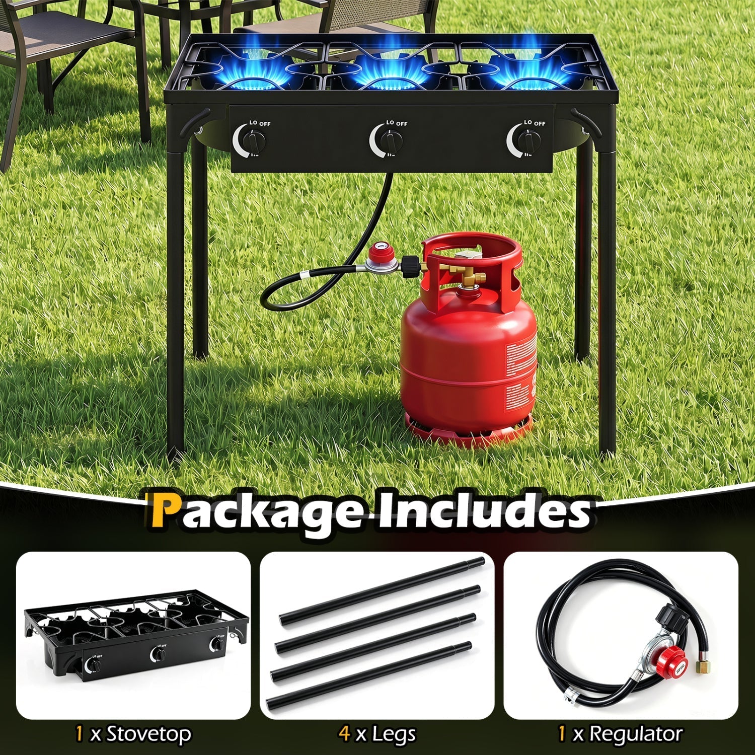 GemGear 3 Burner Propane Stove outdoor grill with 240000 BTU and red tank connected on Tampa Home & Garden Store