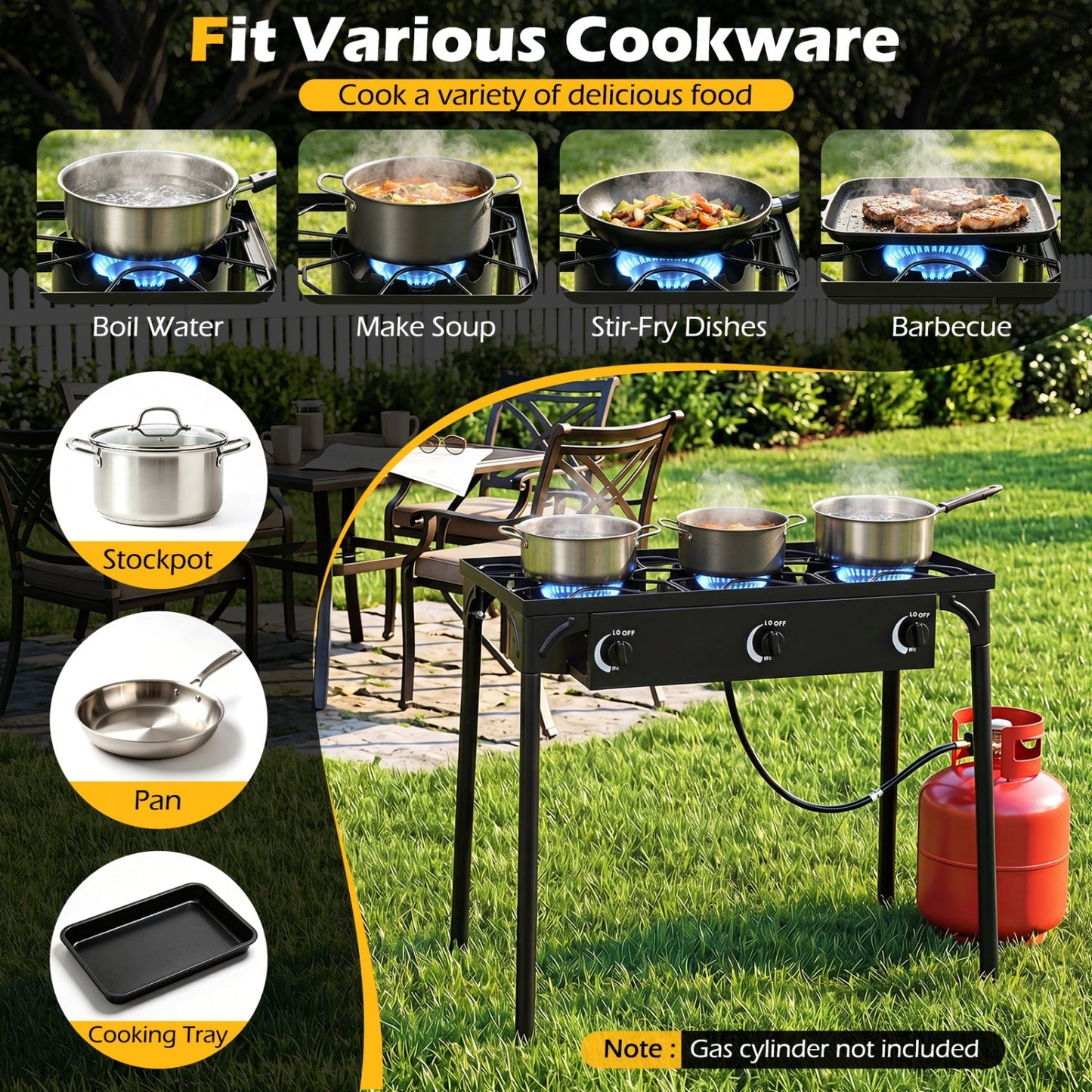 GemGear 3 Burner Propane Outdoor Grill with three stainless pots on burners on Tampa Home & Garden Store