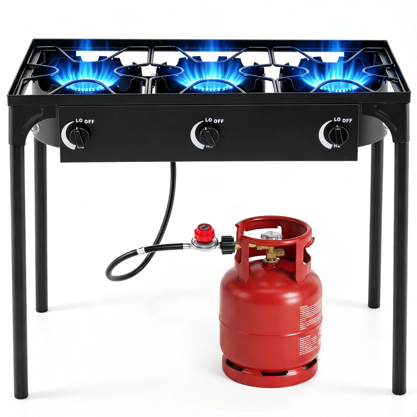 3-Burner Propane Stove outdoor grill by GemGear with blue flames and red propane tank on Tampa Home & Garden Store