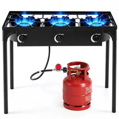 3-Burner Propane Stove outdoor grill by GemGear with blue flames and red propane tank on Tampa Home & Garden Store