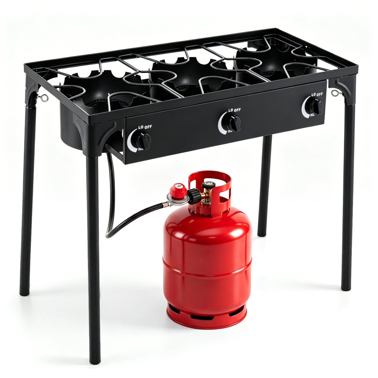 GemGear 3-burner propane outdoor grill on a black stand with a red propane tank on Tampa Home & Garden Store