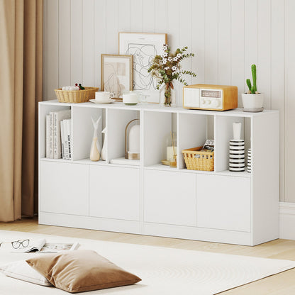 3-Cube Bookcase with Doors 3-Tier Cubic Bookshelf with Open Compartments and Cabinet