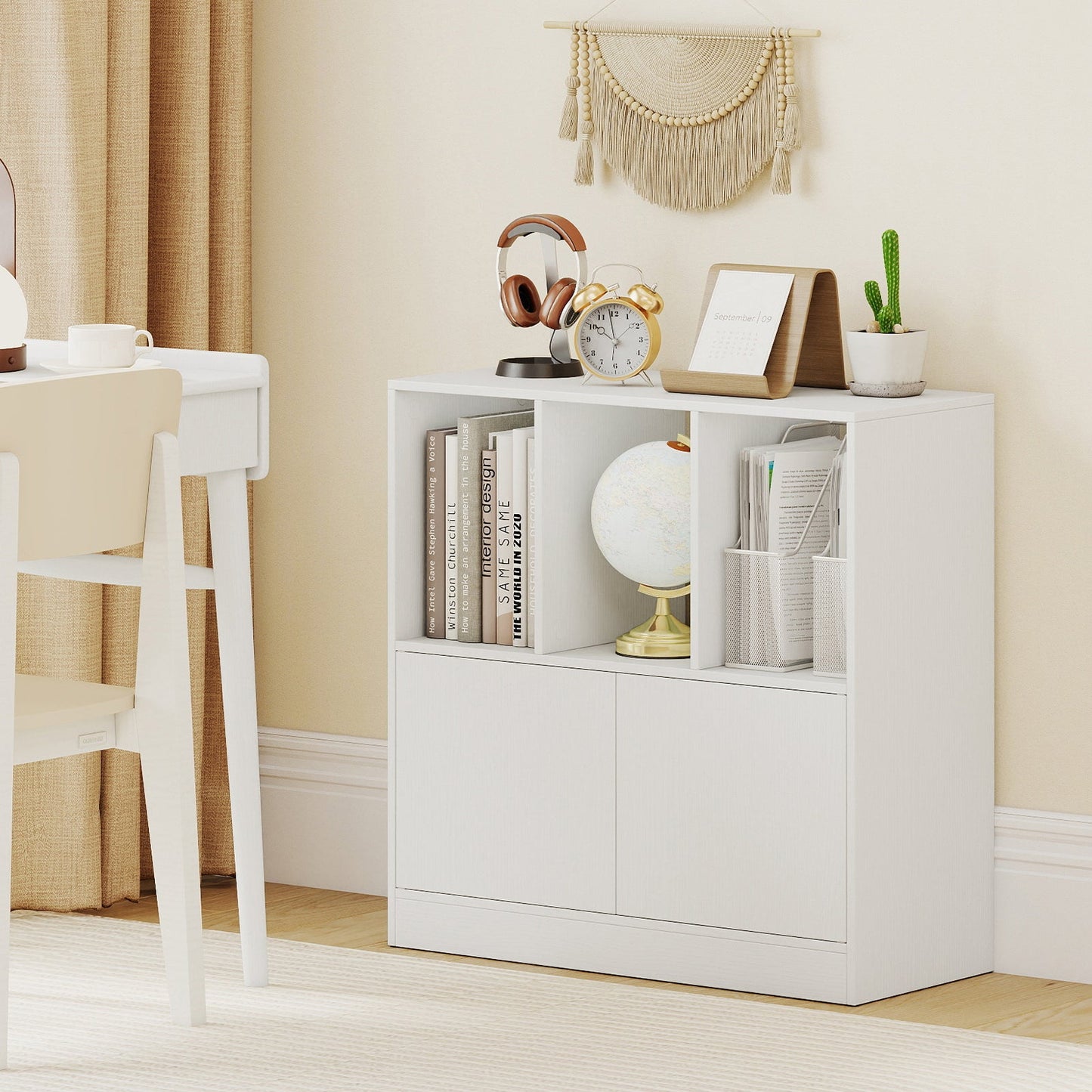 3-Cube Bookcase with Doors 3-Tier Cubic Bookshelf with Open Compartments and Cabinet