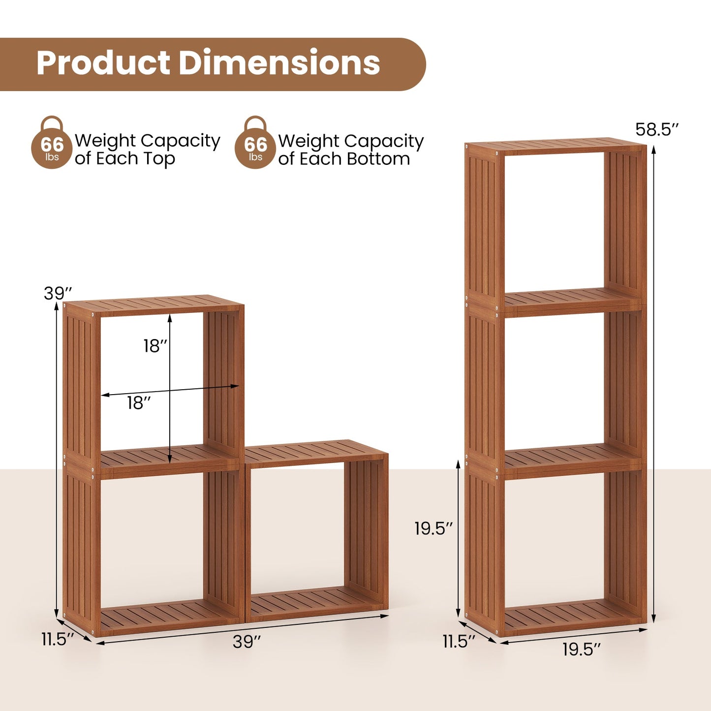 3 Cube Bookcases Solid Wood Stacking Storage Organizers with Open Slatted Design