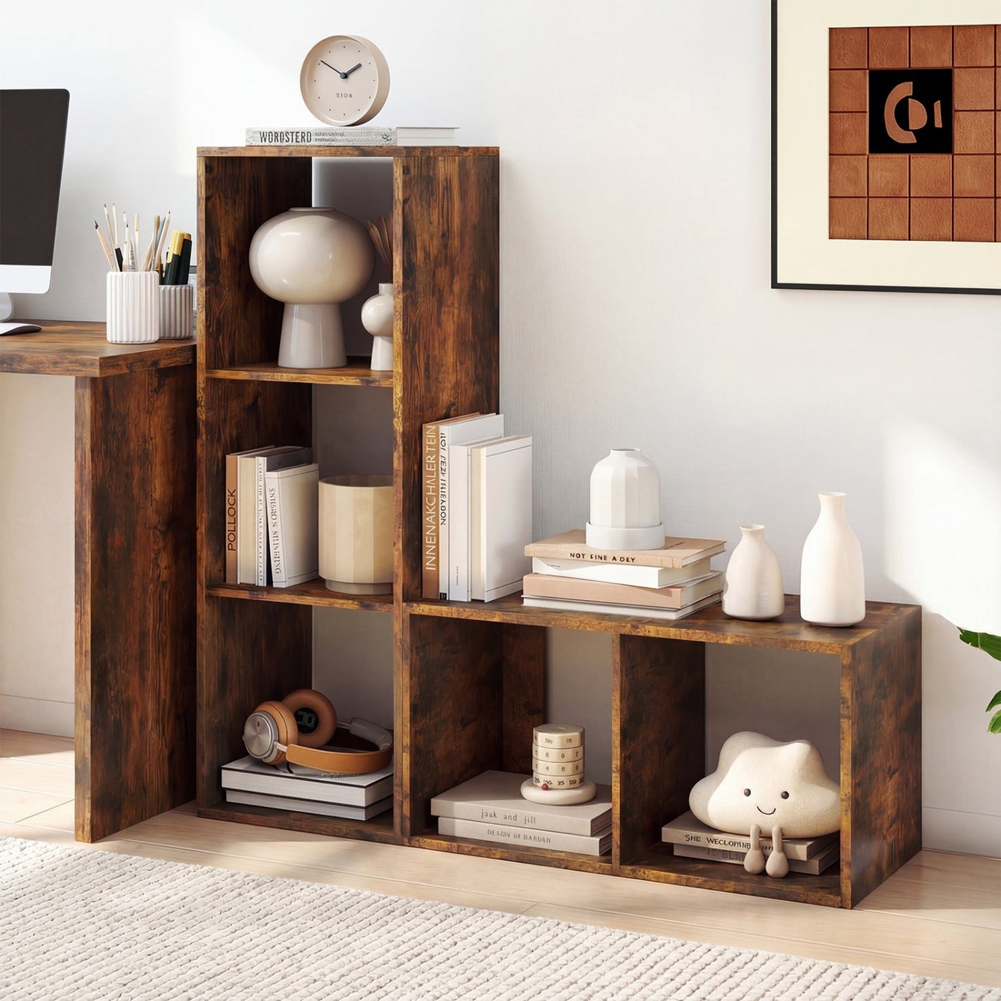 Wooden cube bookshelf with beige ceramic vases and stacked books decorative display on Tampa Home & Garden Store