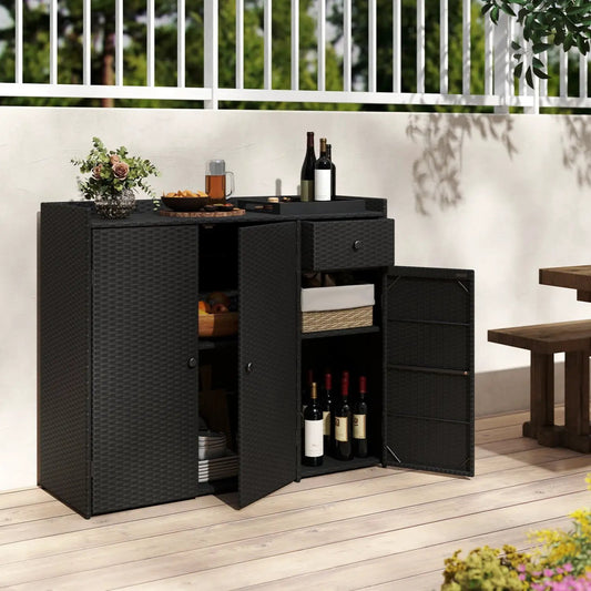 Outdoor PE wicker storage cabinet with 3 doors and a drawer, black DirectDeals cabinet on Tampa Home & Garden Store
