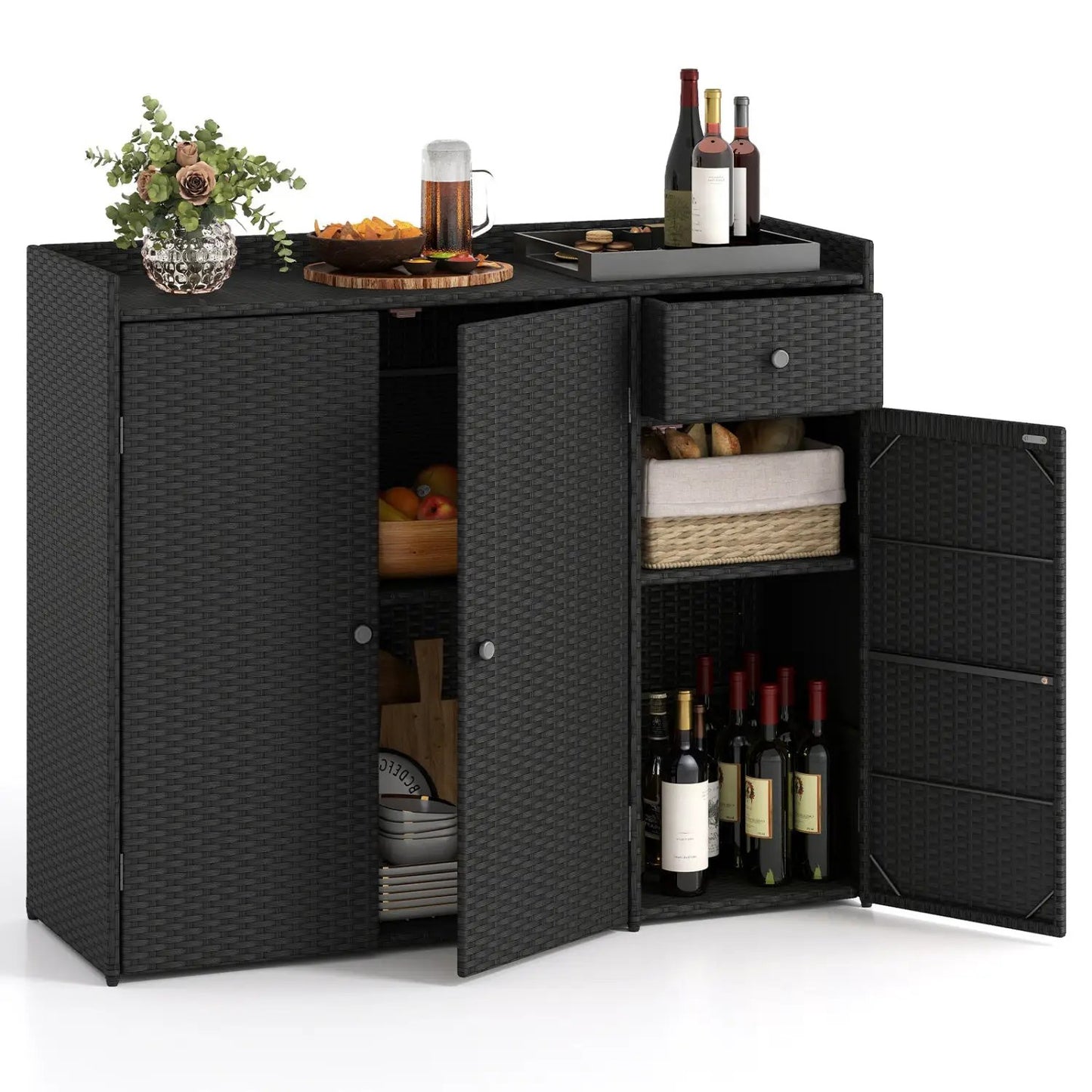 Outdoor Wicker Cabinet with 3 Doors and Drawer