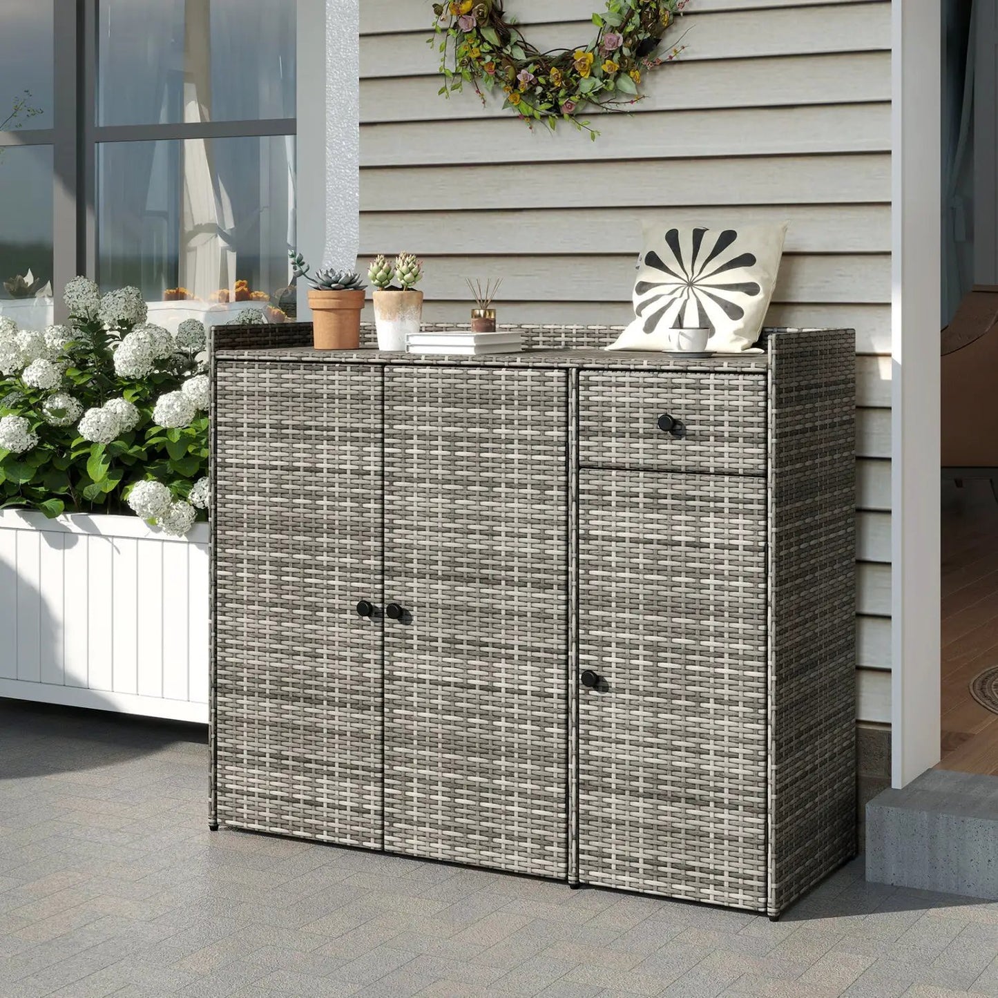 Outdoor Wicker Cabinet with 3 Doors and Drawer