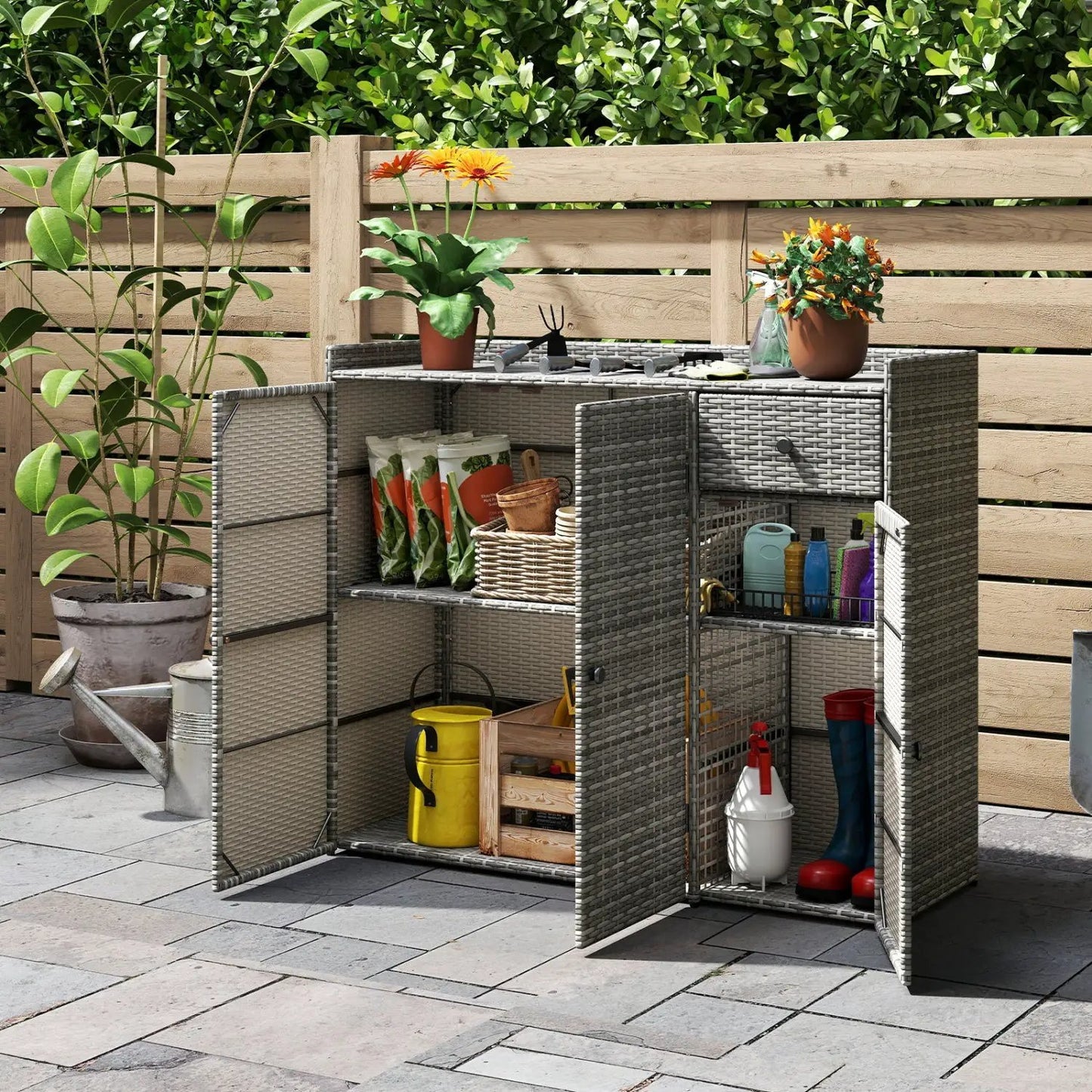 Outdoor Wicker Cabinet with 3 Doors and Drawer