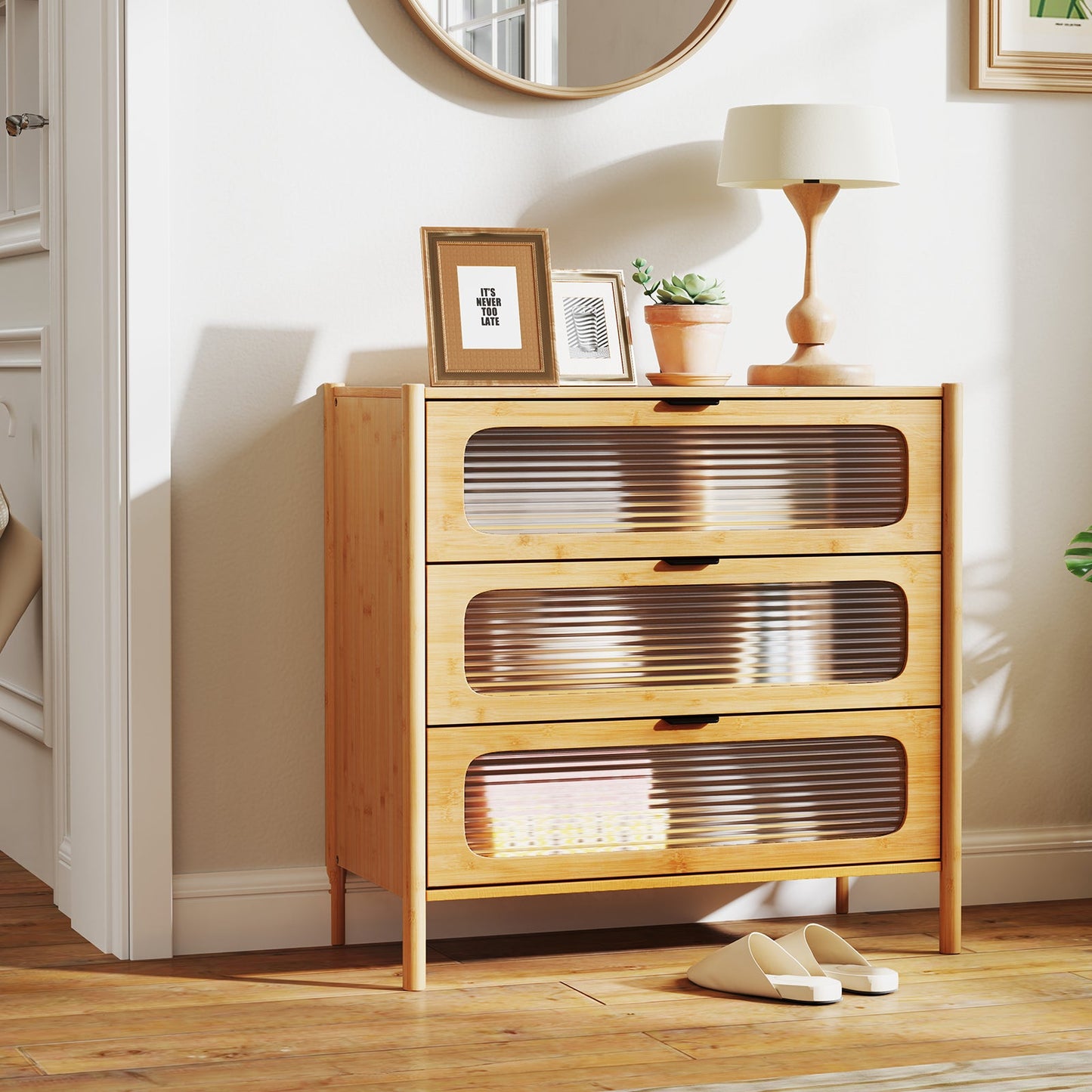 3 Drawer Mid Century Modern Chest of Drawers with Reeded Tempered Glass Front-Natural
