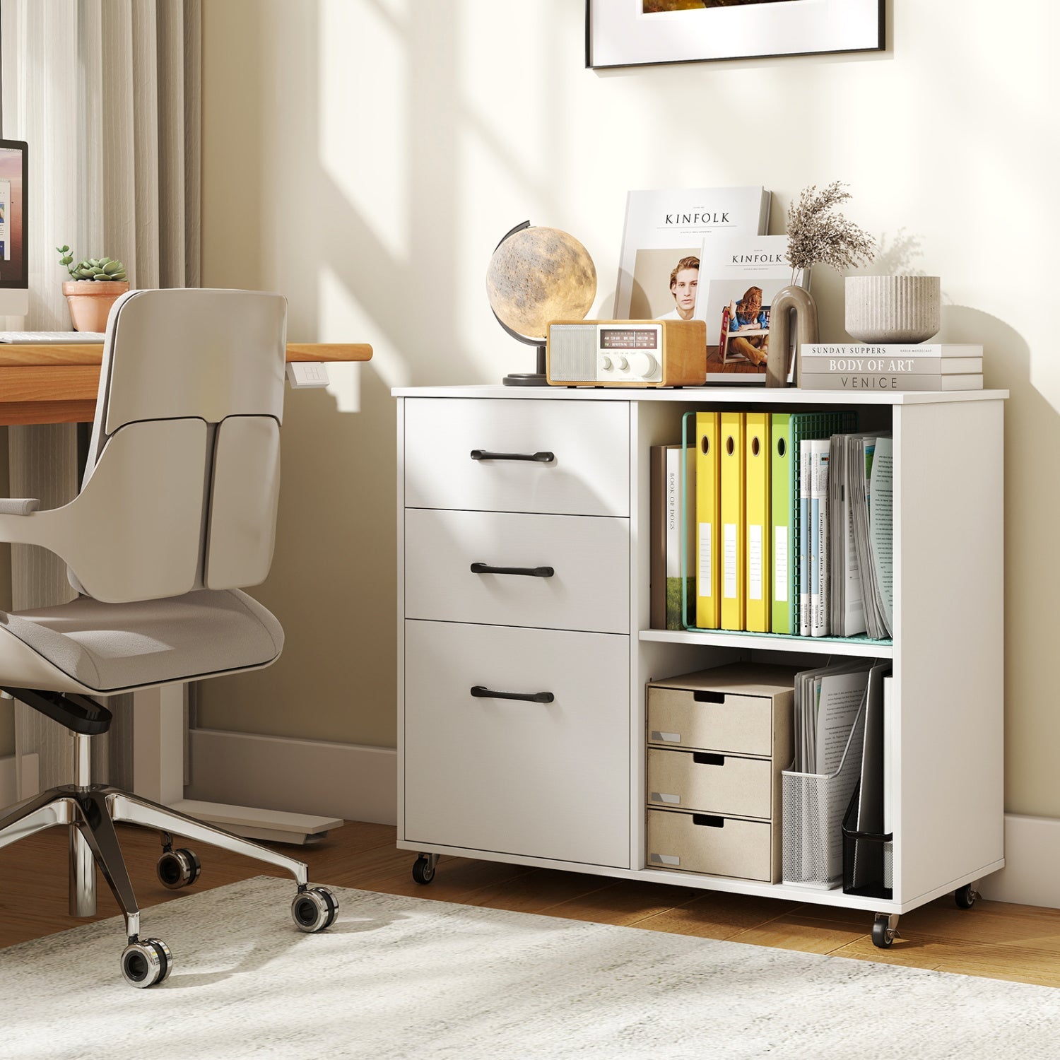 3-Drawer Mobile File Cabinet by DirectDeals, white finish with open storage shelves on casters on Tampa Home & Garden Store