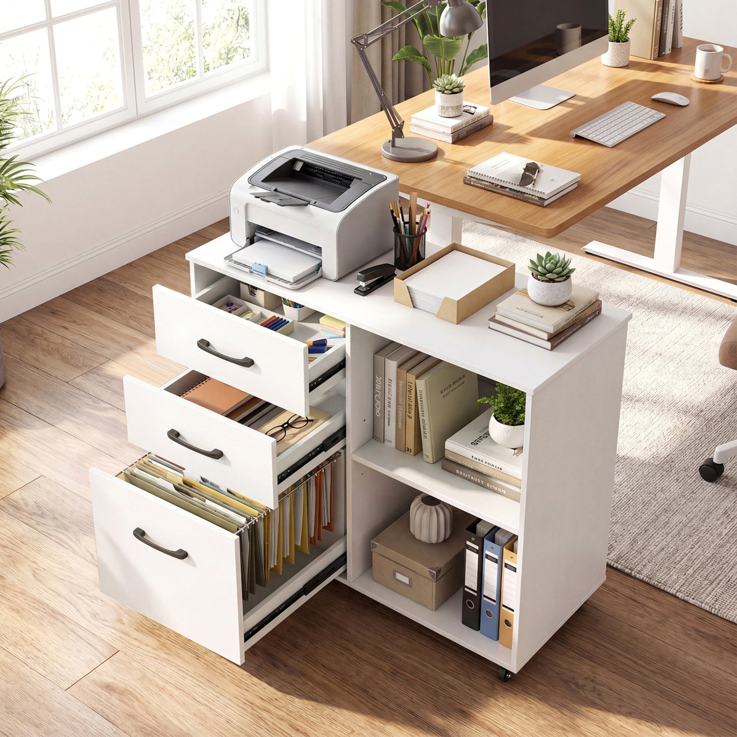3-Drawer Mobile File Cabinet with Open Storage Shelves white on casters on Tampa Home & Garden Store