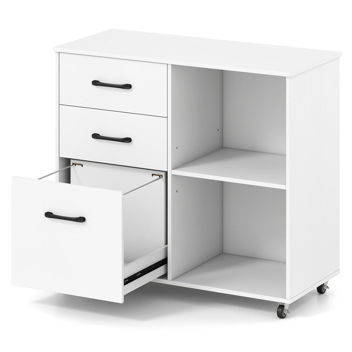 3-Drawer Mobile File Cabinet DirectDeals white with black handles, open right shelves on casters on Tampa Home & Garden Store
