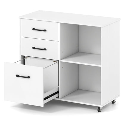 3-Drawer Mobile File Cabinet DirectDeals white with black handles, open right shelves on casters on Tampa Home & Garden Store