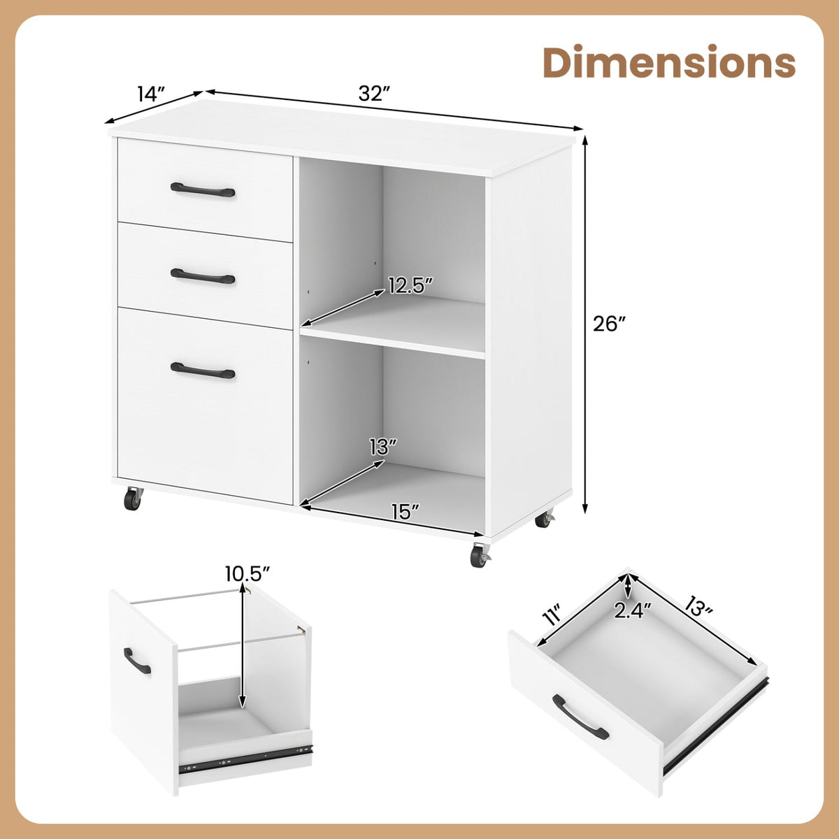 DirectDeals white 3-drawer mobile file cabinet with open shelves and casters on Tampa Home & Garden Store