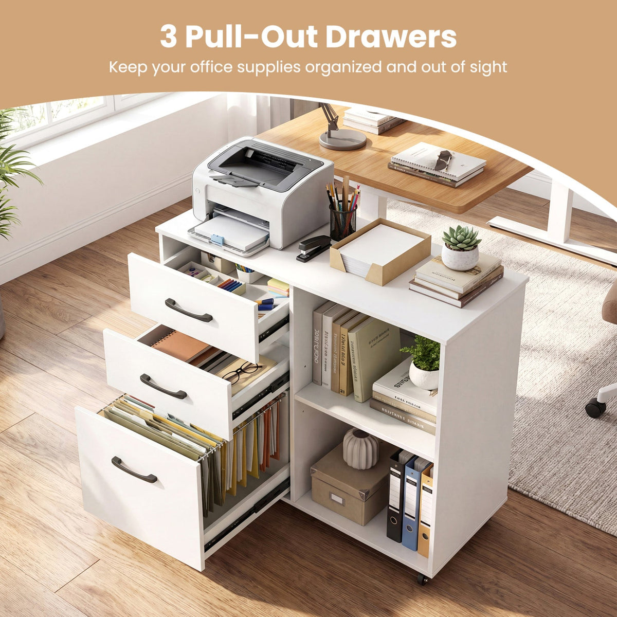 DirectDeals 3-Drawer Mobile File Cabinet with Open Storage Shelves, white, on casters on Tampa Home & Garden Store
