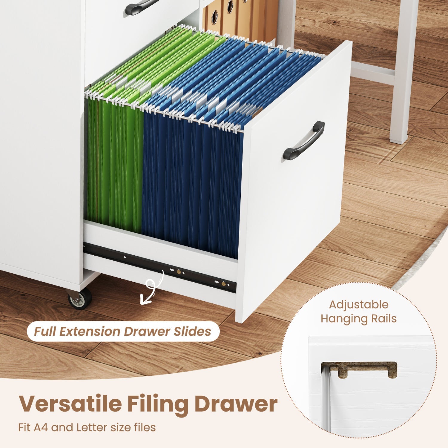 DirectDeals 3-Drawer File Cabinet white with open storage and green/blue hanging folders on Tampa Home & Garden Store
