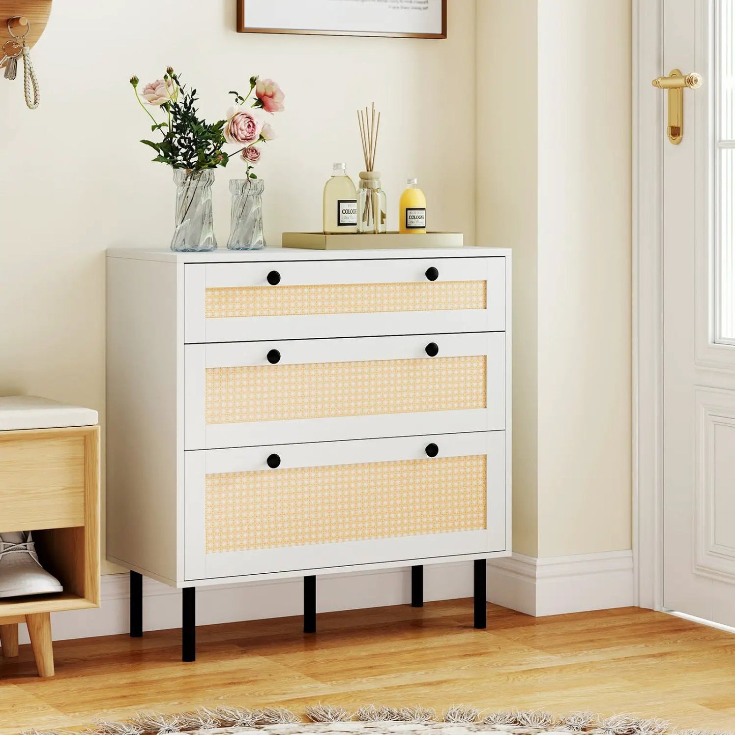 3 Drawer Rattan Nightstand Boho Chest for Bedroom