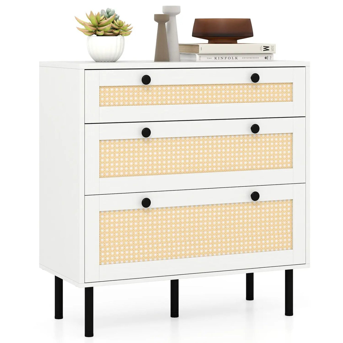 3 Drawer Rattan Nightstand Boho Chest for Bedroom