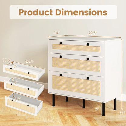 3 Drawer Rattan Nightstand Boho Chest for Bedroom