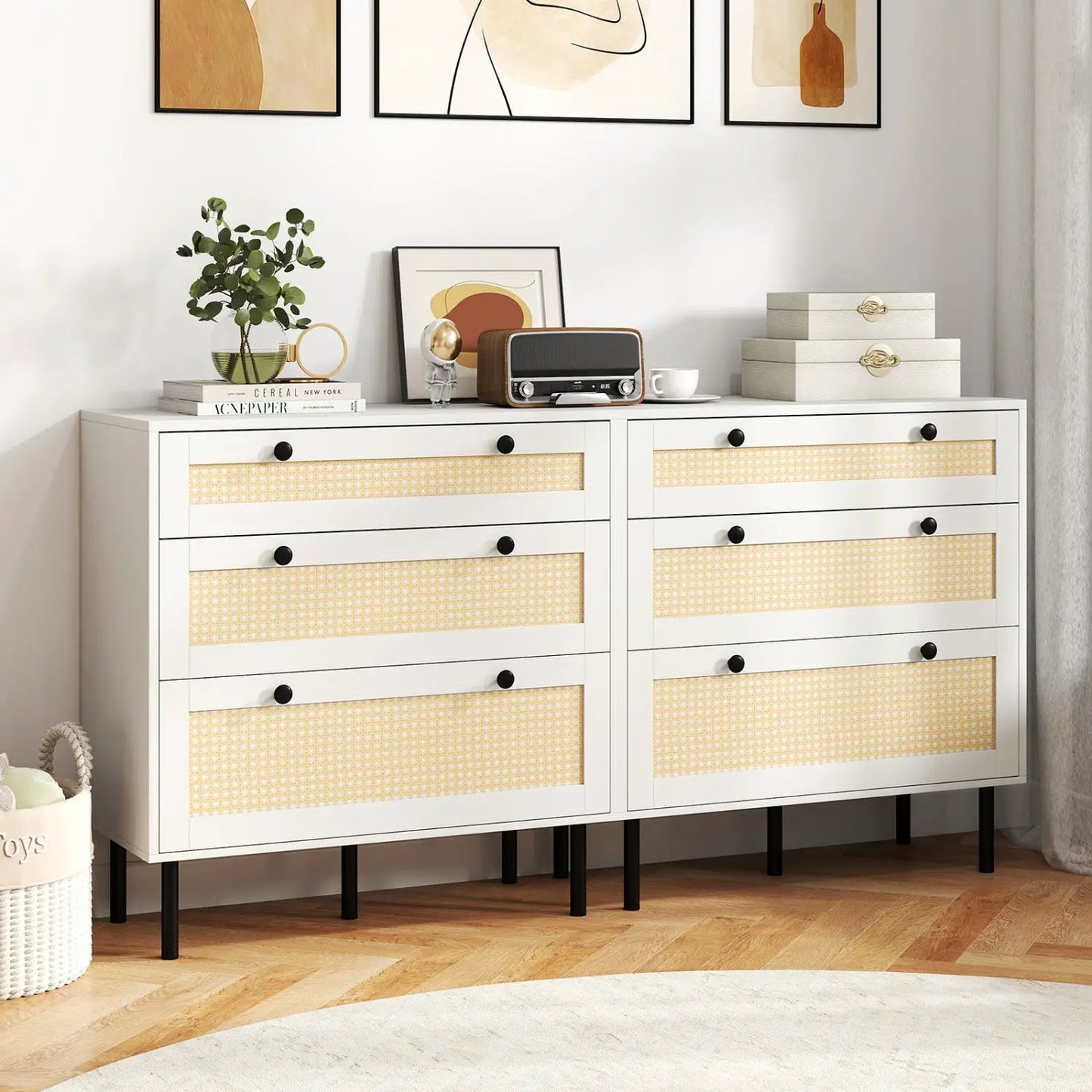 3 Drawer Rattan Nightstand Boho Chest for Bedroom