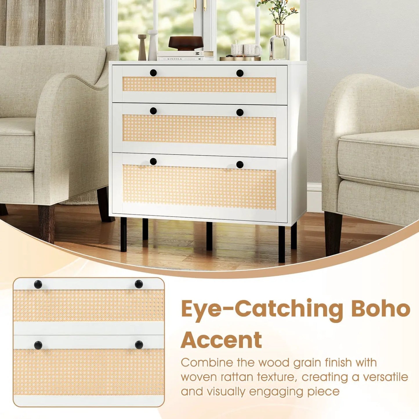 3 Drawer Rattan Nightstand Boho Chest for Bedroom