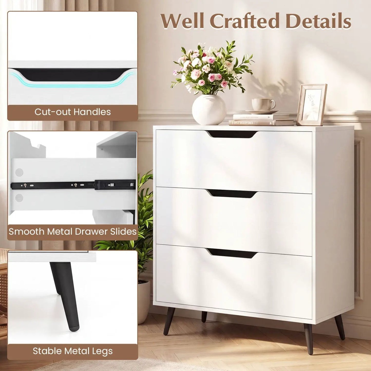 Three Drawer Dresser with Metal Legs Rustic