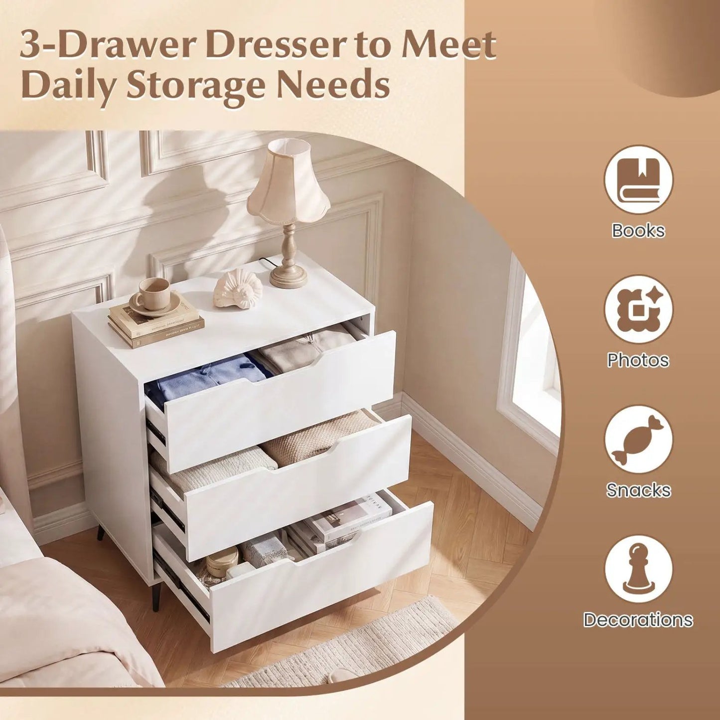 Three Drawer Dresser with Metal Legs Rustic