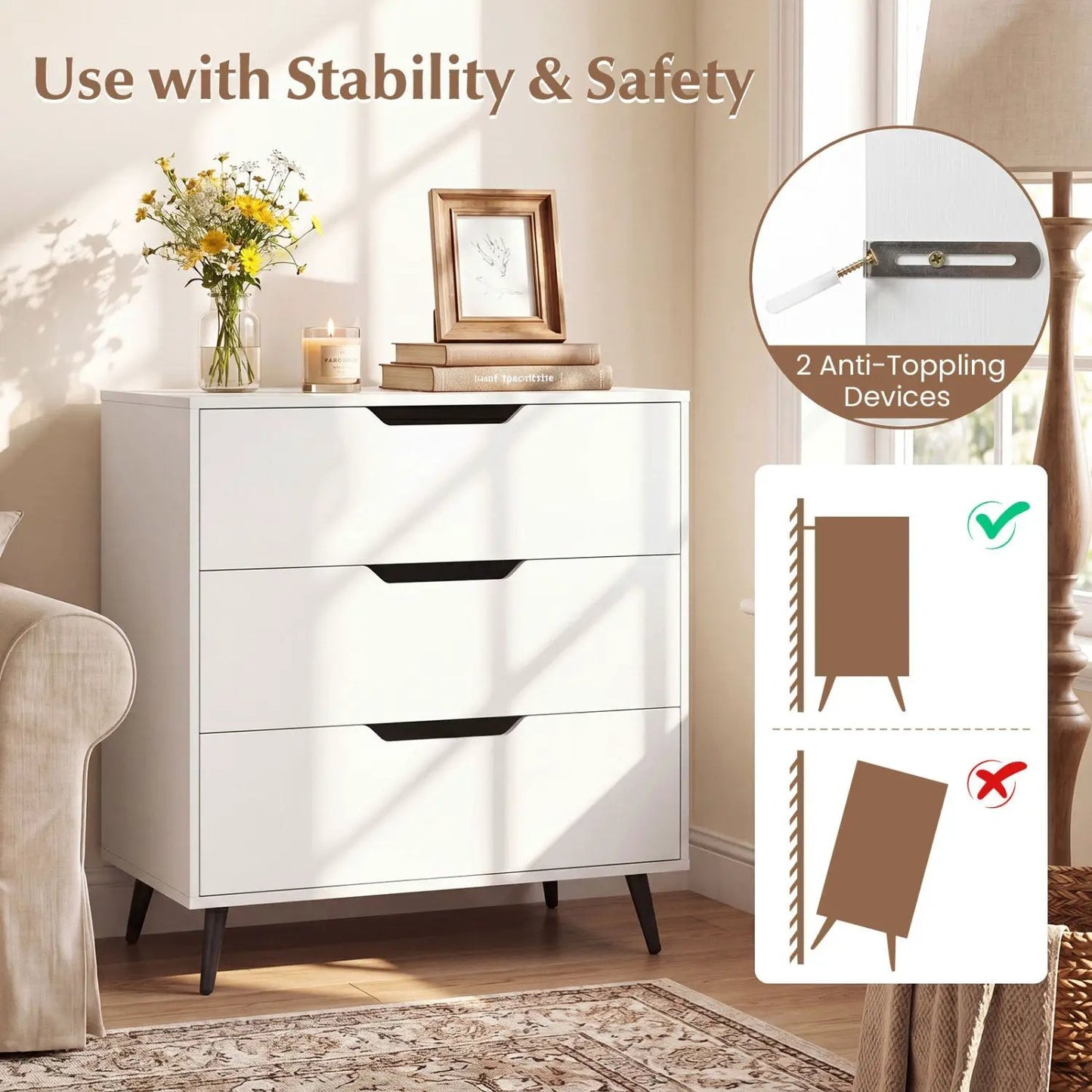Three Drawer Dresser with Metal Legs Rustic