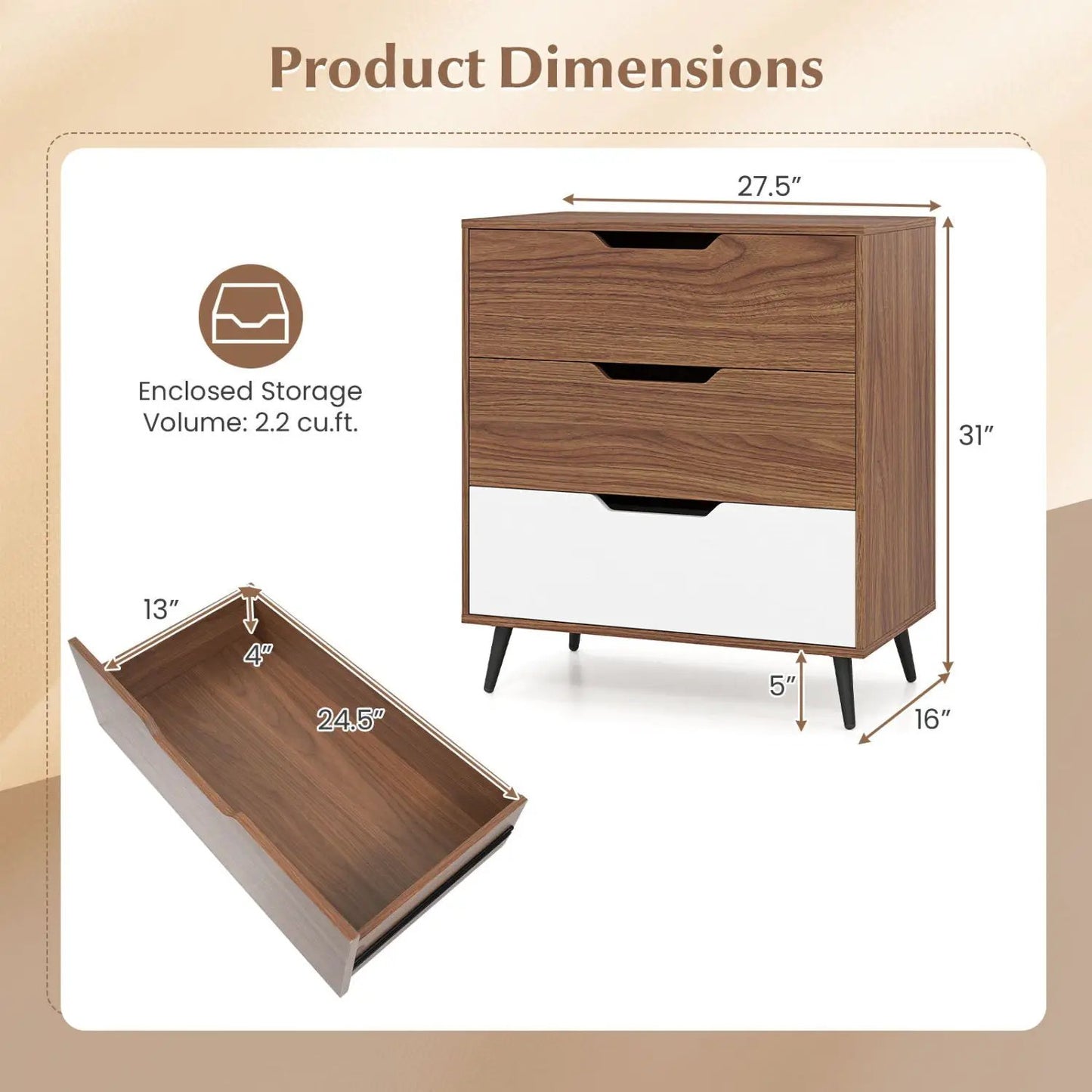 Three Drawer Dresser with Metal Legs Rustic