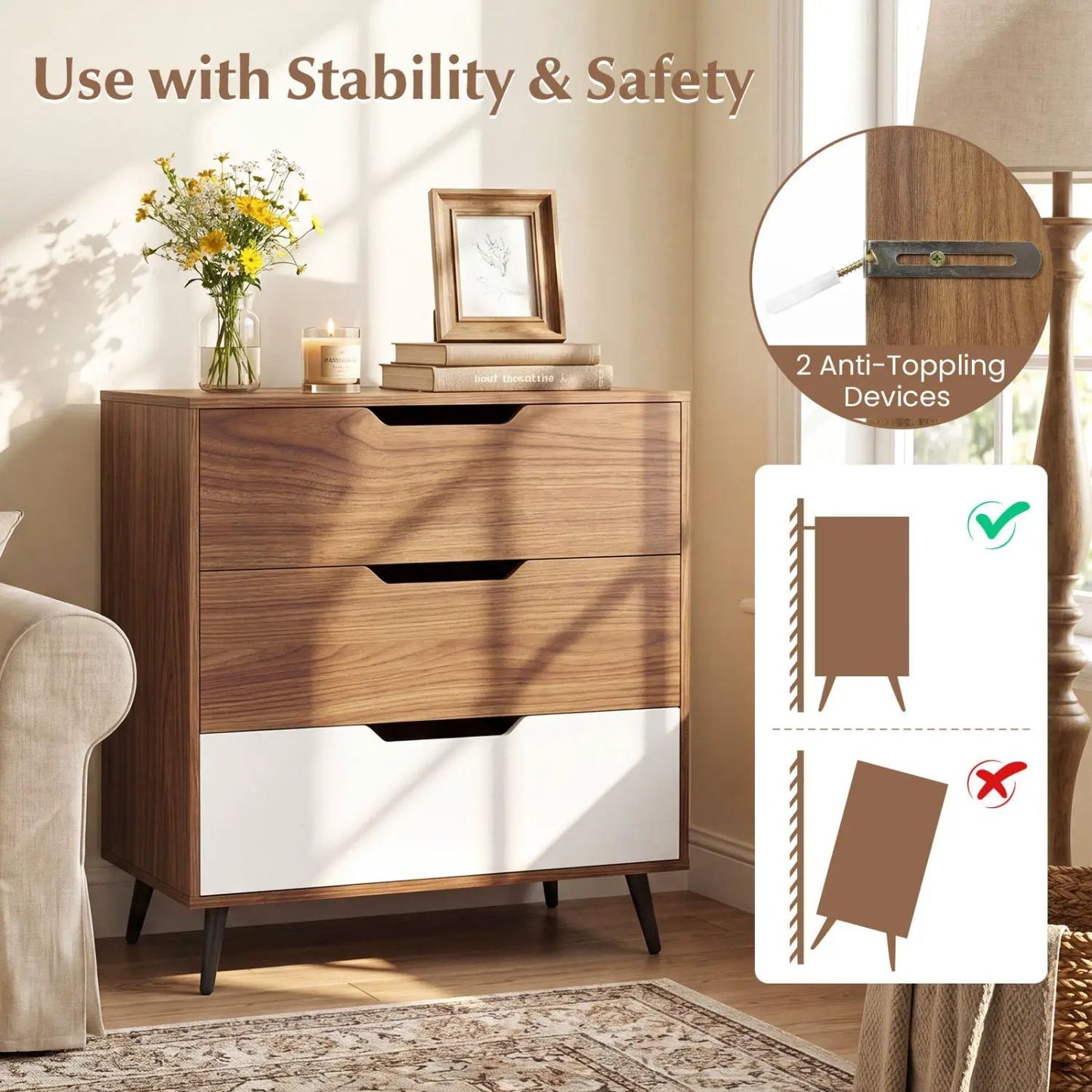 Three Drawer Dresser with Metal Legs Rustic